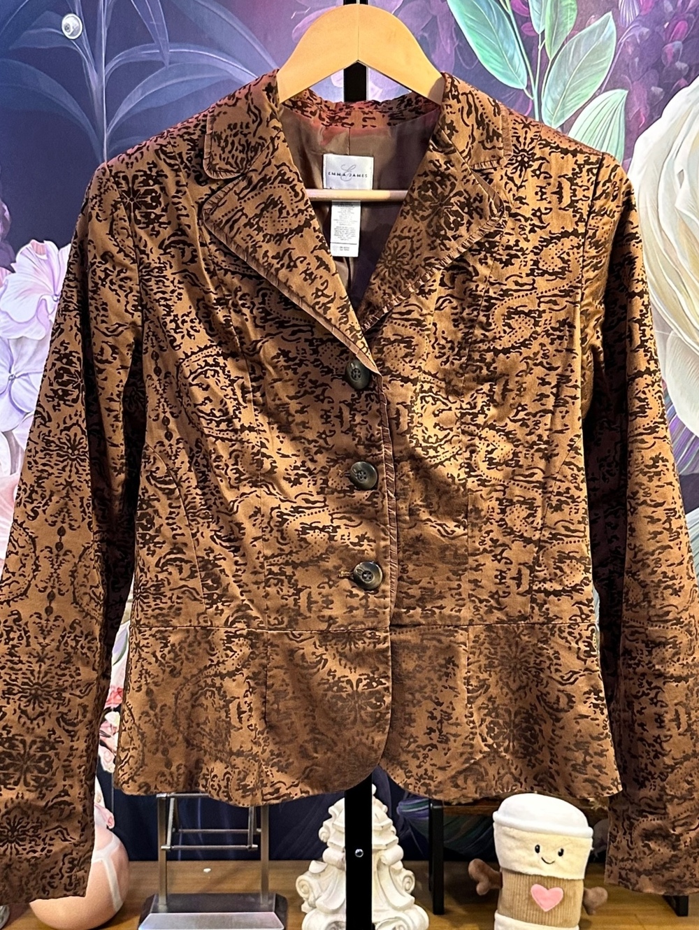 Emma James 10 Brown Flocked Paisley Blazer Velvet Baroque Boho Cotton Jacket